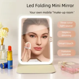 Portable LED Makeup Mirror,3 Color Modes,Stepless Dimmable,Type-C Charging,Foldable PU Leather Vanity Mirror