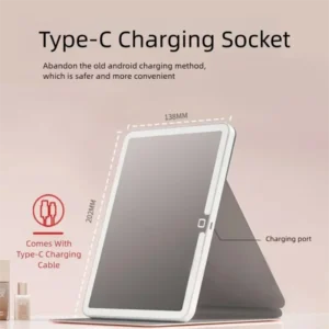 Portable LED Makeup Mirror,3 Color Modes,Stepless Dimmable,Type-C Charging,Foldable PU Leather Vanity Mirror