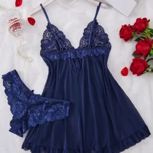 New Blue Contrast Lace Ruffle Trim Lingerie Set Deep V Dress And Thong Women’s Sexy Sleepwear Underwear Hollow Bra Panty Sling